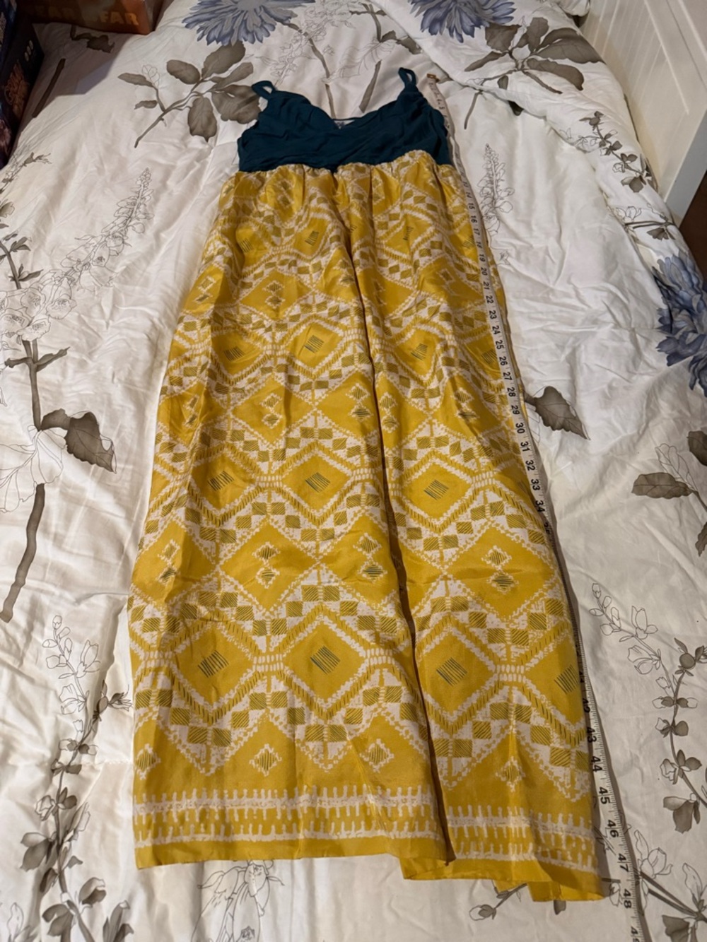 Anthropologie Maxi Dress with Teal Bodice and Mustard Geometric Skirt